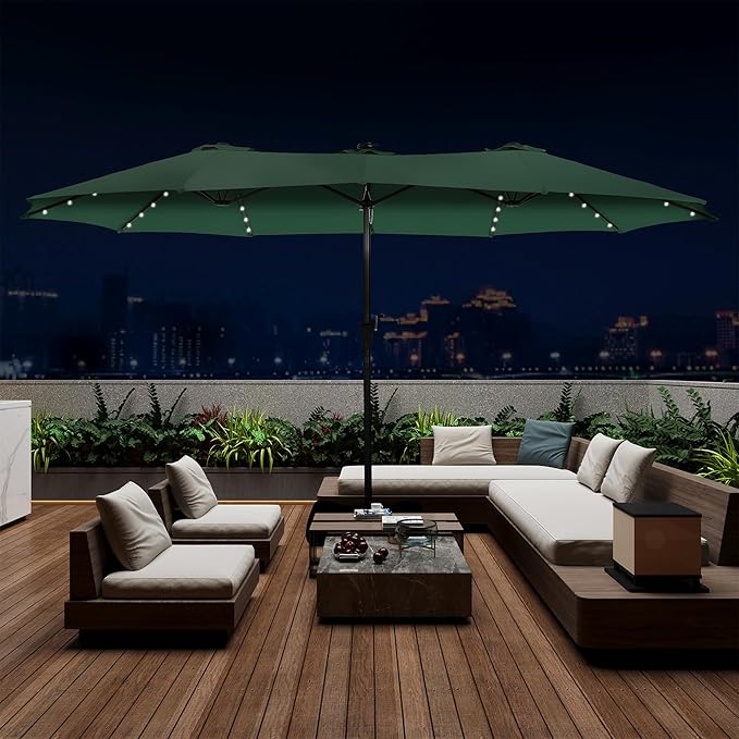 15 ft Patio Umbrella with 48 LED Lights, Large Rectangle Outdoor Solar Umbrella with Matching Base, Strap, Crank, Green