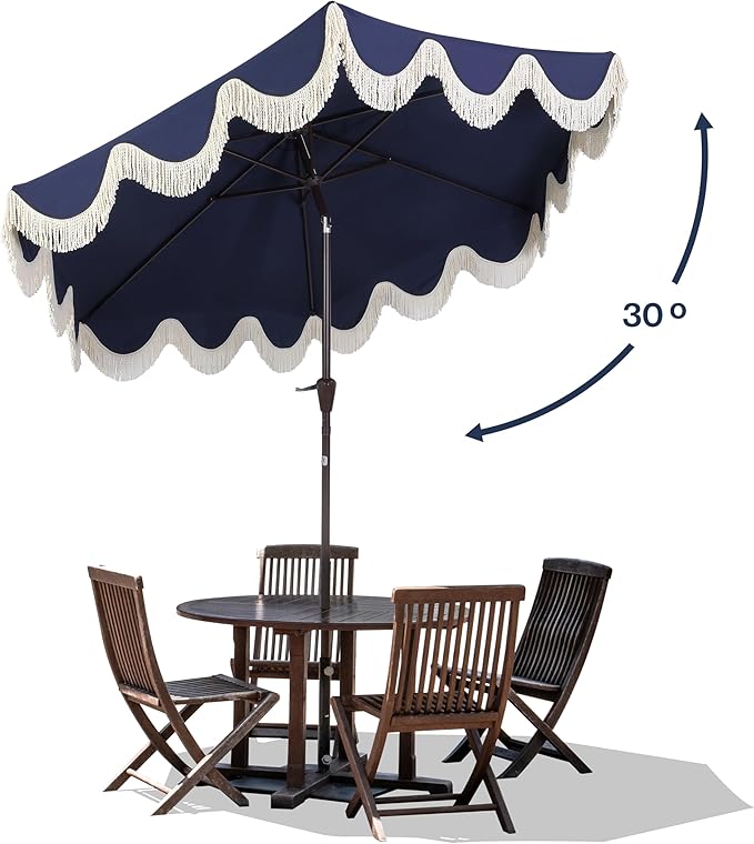 JONATHAN Y UMB1001 Collins 9 ft. Classic Cottage Tassel Market Patio Umbrella with Auto-Tilt, Crank, Wind Vent and UV Protection