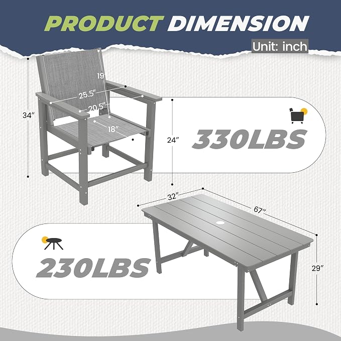 7 Pieces Outdoor Dining Sets HDPE Patio Dining Table and Chair Set for 6