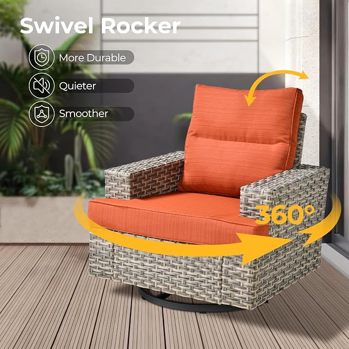 HOOOWOOO Sectional Patio Furniture Set with Fire Pit Table,10 Pieces Wicker Outdoor Furniture L Shaped Couch,Outside Conversation Set Extra Deep Seat Sofa Wide Arm Swivel Chairs Solar Table,Brick Red