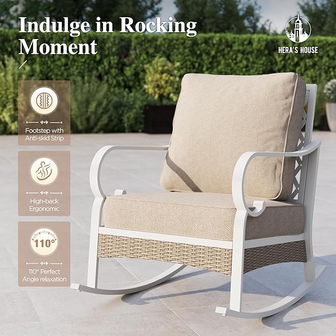 HERA'S HOUSE 5 Piece Metal Patio Furniture Set, 7 Seats All Weather Outdoor Conversation Set, 3 Seat Sofa with Loveseat, 2 Rocking Chairs, Coffee Table for Backyard, Garden, Deck, White/Beige