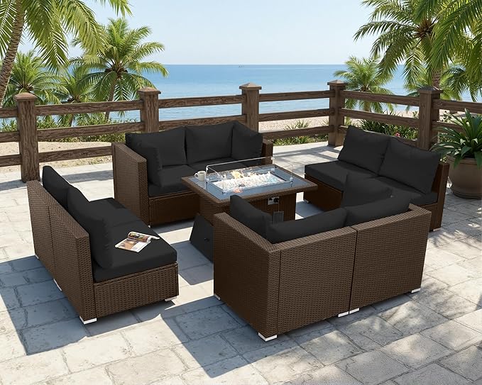 BULEXYARD 9 Pcs High Back Outdoor Sectional Set with Firepit Table, High-End Patio Furniture Seating Set, Big Oversized Wide Deep Modular 8-Seater Couch Sofa for Backyard, Brown Wicker & Black Cushion