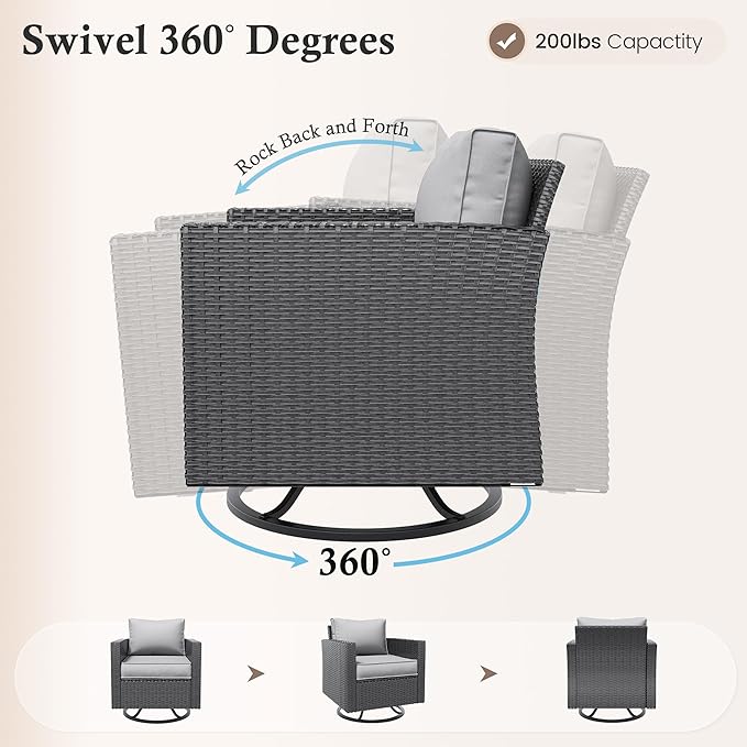 Amopatio Patio Furniture Set, 6-Piece Wicker Outdoor Sectional Sofa with Swivel Rocker Chairs, Rattan Conversation Set with Storage Coffee Table and Waterproof Cover for Backyard Black/Light Grey