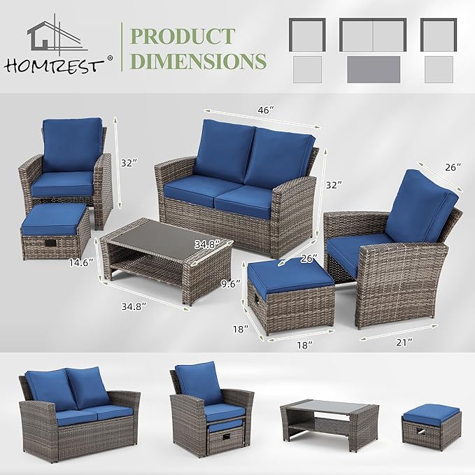 HOMREST 6 Piece Patio Conversation Set, Outdoor Sectional Conversation Rattan Sofa Set with Ottoman and Outdoor Storage Table for Garden, Porch, Backyard (Marine Blue)