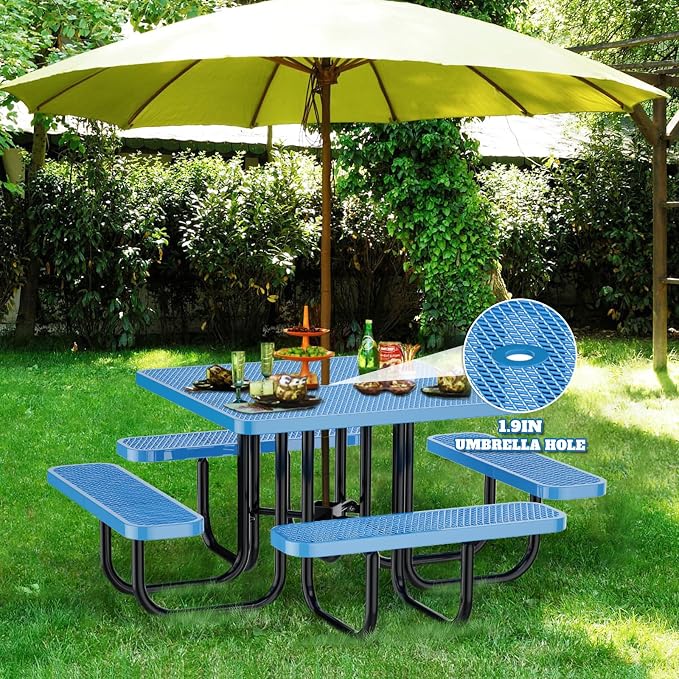 Ceridwen Heavy Duty Picnic Table with 4 Benches, Expanded Metal Steel Mesh Outdoor Patio Dining Table Bench Set with Umbrella Hole,Outdoor Patio Dining Table for Garden (Square, Blue, 46FT)