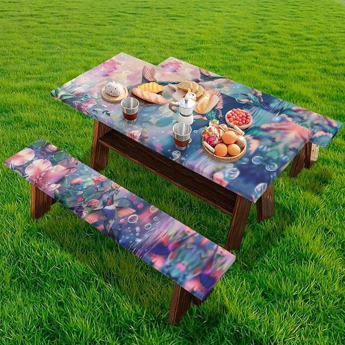 Hummingbird Picnic Table Cover with Bench Covers Waterproof Camping Table Covers for 6 Foot Tables 3 Pcs Picnic Table Bench Covers Camping Essentials for Camper, 94x30 Inches