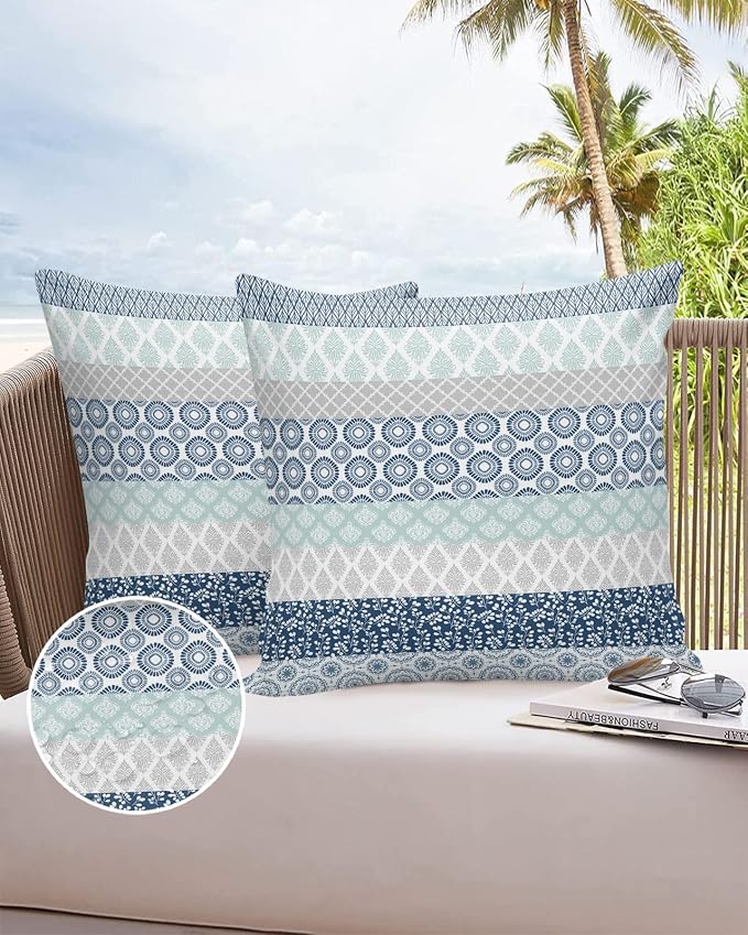 Outdoor Waterproof Throw Pillow Covers Set of 2 Blue Boho Stripe Tribal Vingtage Lumbar Pillowcases 26x26 Inches Bohemian Style Decorative Pillows Cushion Case Patio Pillows for Couch Bed Garden