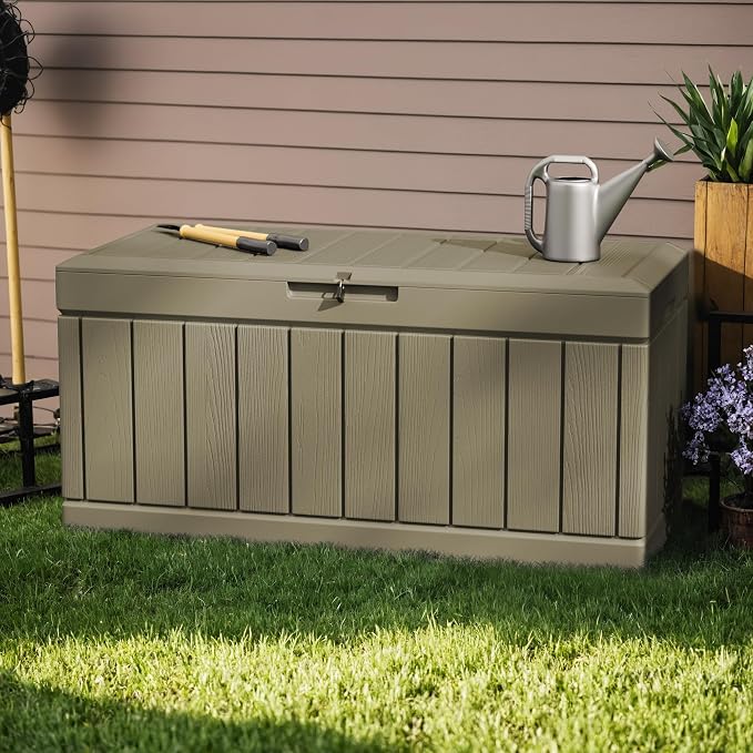 Greesum 82 Gallon Resin Deck Box All Weather Large Outdoor Storage for Patio Furniture, Toys, Garden Tools, Lockable, Light Coffee