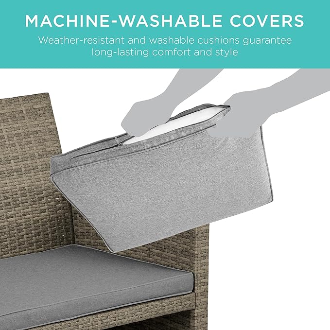 Best Choice Products 4-Piece Outdoor Wicker Patio Conversation Furniture Set for Backyard w/Coffee Table, Seat Cushions - Taupe/Cement Gray