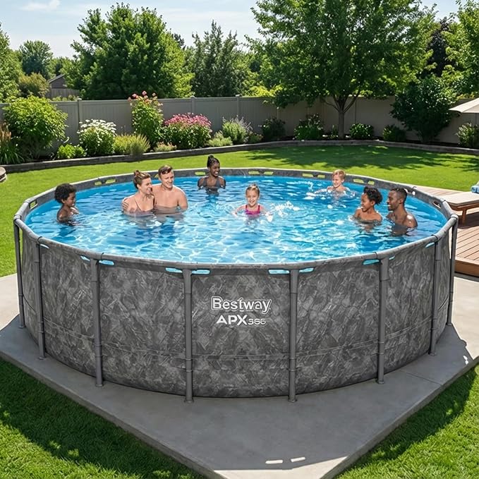 Bestway APX 365 18' x 52" Above Ground Pool, Round Metal Frame Outdoor Swimming Pool Set with Sand Filter Pump, Ladder, and Cover, Dark Marble