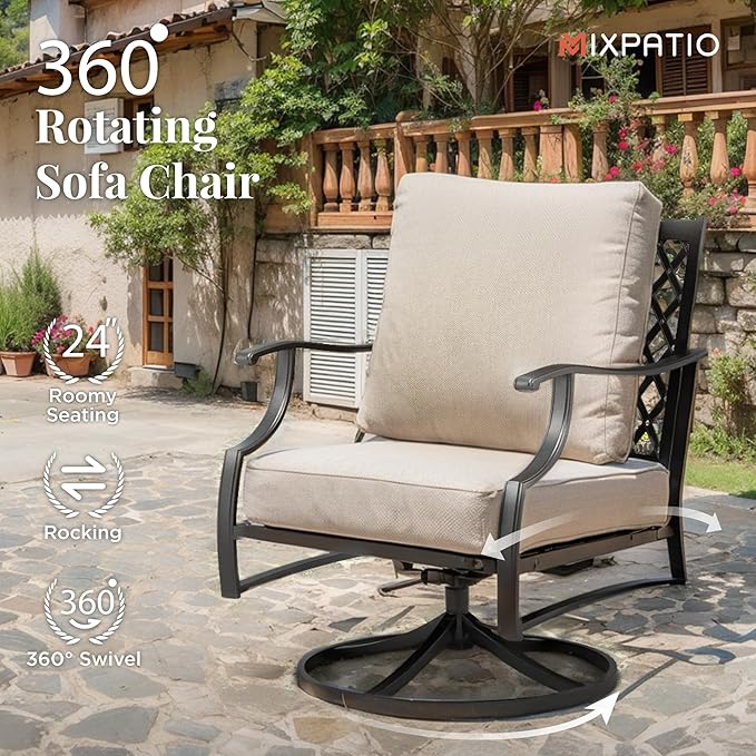 Patio Furniture Set 6 pcs, Outdoor Patio Furniture, 1 X 3-Seat Sofa, 2 X Single Chairs, 2 X Swivel Chairs, 1 X Coffee Table and 5.75" Extra Thick Cushion, Patio Conversation Set,Beige