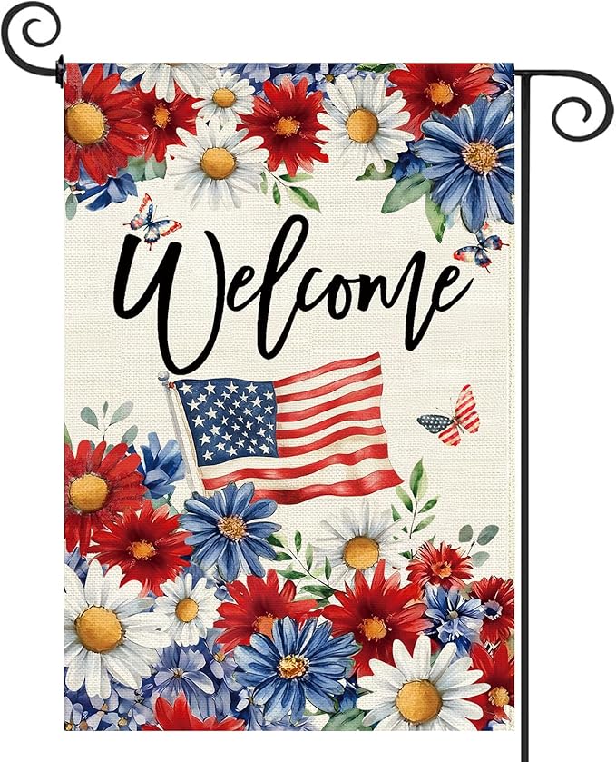 Baccessor Patriotic Daisy Garden Flag 12.5 x 18 Inch Double Sided Burlap,4th of July Memorial Day Red and Blue Flower Welcome Flag Summer Yard Lawn Holiday Seasonal Outdoor Outside Decoration