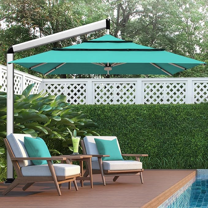 EliteShade USA Atlas 3-Tier 10x10FT Full Aluminum Cantilever Patio Umbrella for Outdoor restaurant Garden Courtyard Deck Pool and Marketing with Light,Teal