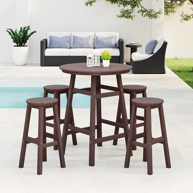 Costaelm Patio Bistro Table, 42" Counter Height Round Patio Cocktail Bar Table with Umbrella Hole, Outdoor Bistro Dining Pub Table for Front Porch Deck Backyard Garden, Dark Brown