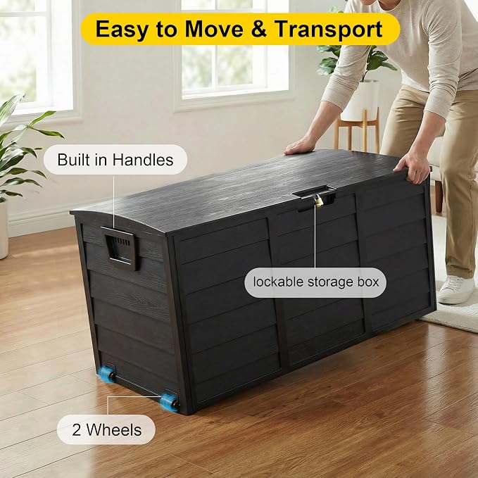 75 Gallon Resin Deck Box, Waterproof Anti-UV Lockable Outdoor Storage Bin for Patio Furniture Garden Tools, Heavy Duty Indoor Package Delivery Deck Boxes for Pillows Pool Cushions, Black