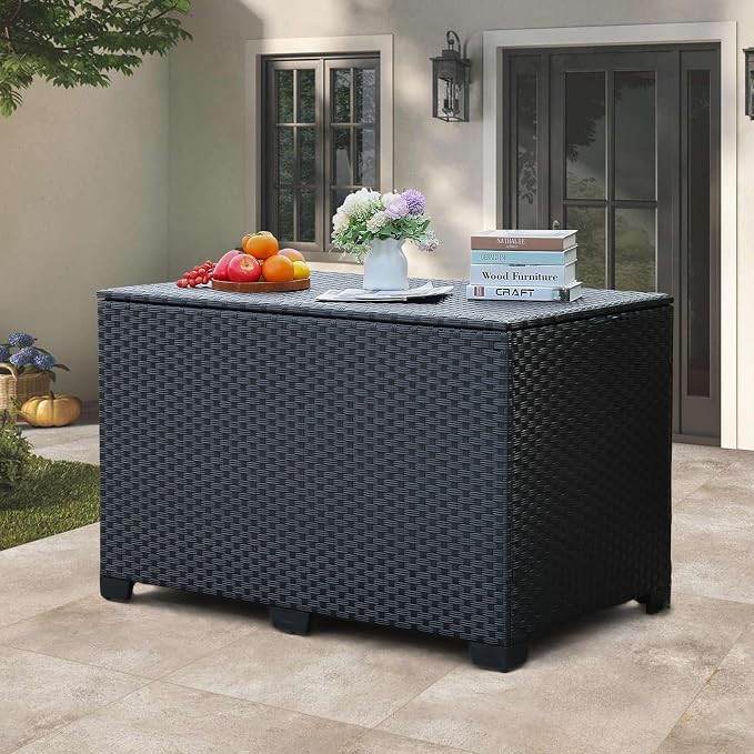 Rattan Star 140 Gallon Patio Storage Bin Wicker Outdoor Storage Box Waterproof Lining Bag Large Deck Box and Cushion Storage Bin Outdoor, Black Wicker