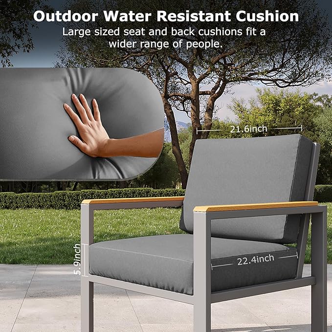 4-Piece Outdoor Patio Furniture Set, Metal Conversation Sofa Set with Deep Cushions & Wood-Like Armrests, Modern Patio Seating with Coffee Table for Garden, Porch, Balcony, Backyard (Black)