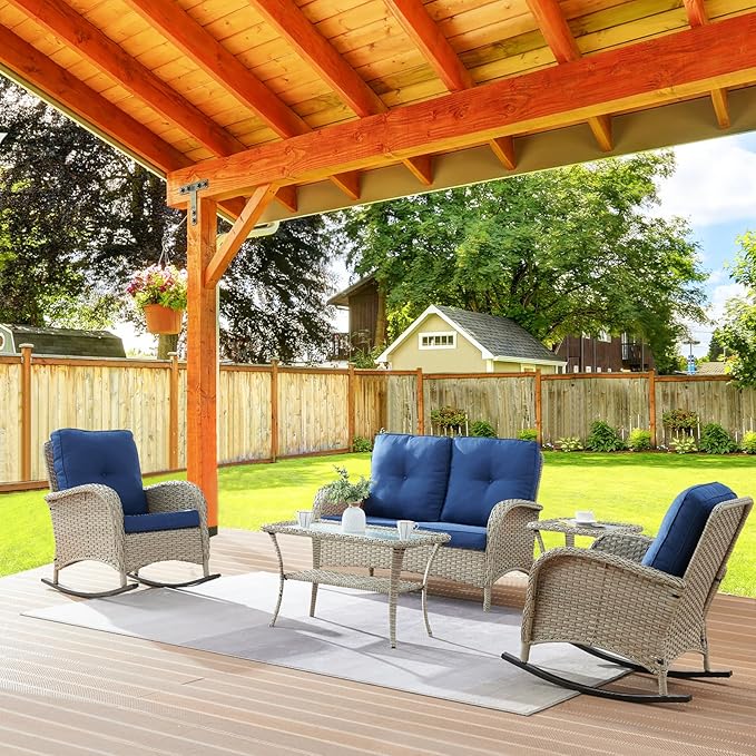 Belord Wicker Conversation Sets Patio Furniture 5 PCS Outdoor Rocking Chairs with Rattan Loveseat, Wicker Table and Chairs Set for Patio Deck Poolside Blue Cushion