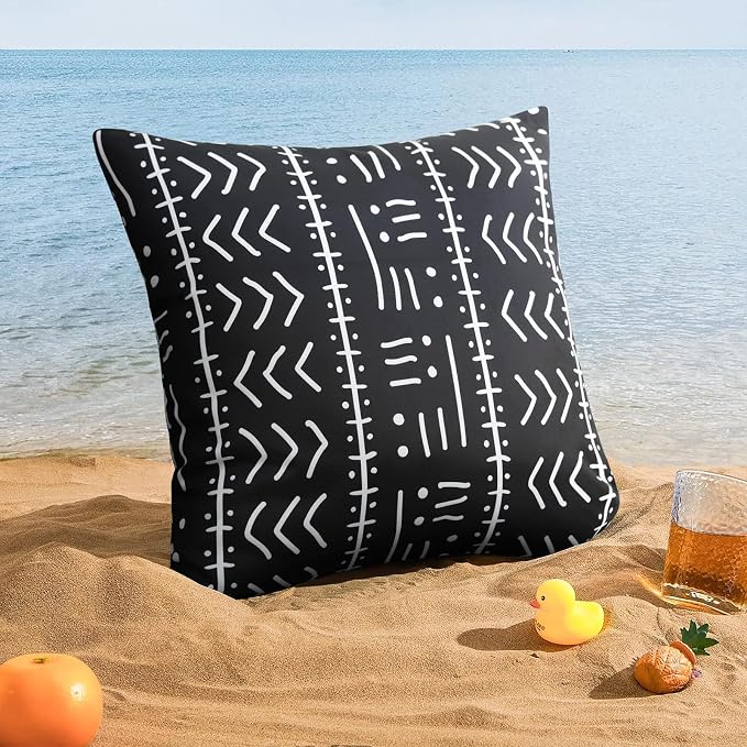 Merrycolor Set of 2 Outdoor Waterproof Throw Pillow Covers Black and White Pillow Covers Geometric Decorative Square Pillowcases Farmhouse Boho Outdoor Pillows for Patio Furniture 18x18 Inch