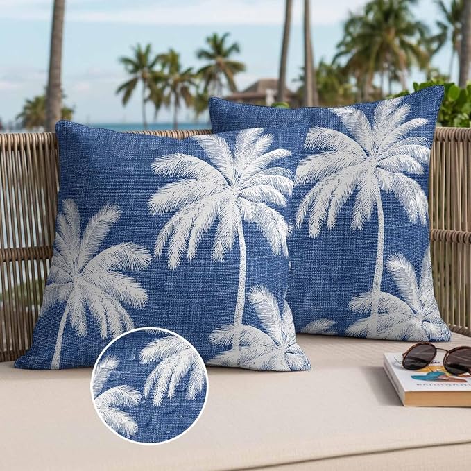 Outdoor Pillow Covers 20x20 Inch Set of 2, Navy Blue Palm Trees Waterproof Throw Pillow Covers, Farmhouse Tropical Summer Beach Decorative Cushion Pillowcases for Couch, Sofa, Bed, Garden, Patio