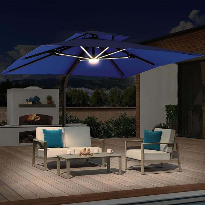10x10 FT Cantilever Patio Umbrella with Base and Led Lights Double Top Outdoor Square Large Heavy Duty Aluminum Offset Umbrellas with 7 Level Tilt 360-degree Rotation for Pool Garden Deck, Navy