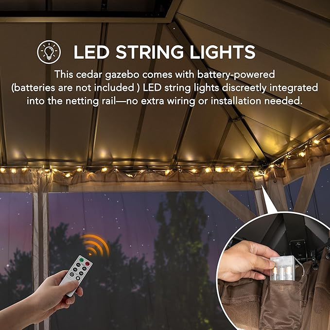 SUNJOY 10x12 Hardtop Wood Gazebo with Galvanized Steel Roof, LED String Lights & Mosquito Netting, Outdoor Permanent Pavilion Cedar Gazebo for Backyard, Garden, Patio, Deck, Lawn - Matte Black Roof