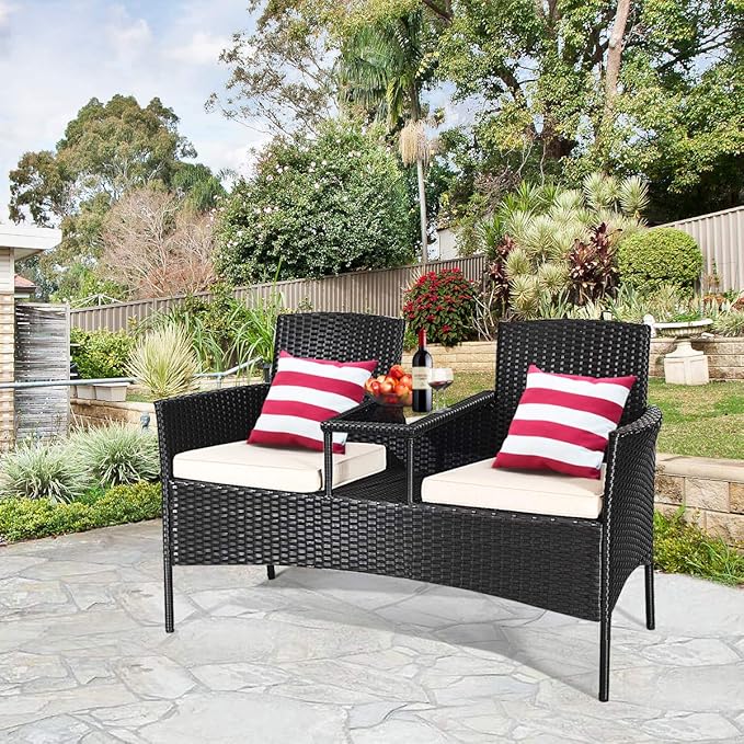 Tangkula Wicker Patio Conversation Furniture Set, Outdoor Furniture Set with Removable Cushions & Table, Tempered Glass Top, Modern Rattan Bench for Garden Lawn Backyard (White)