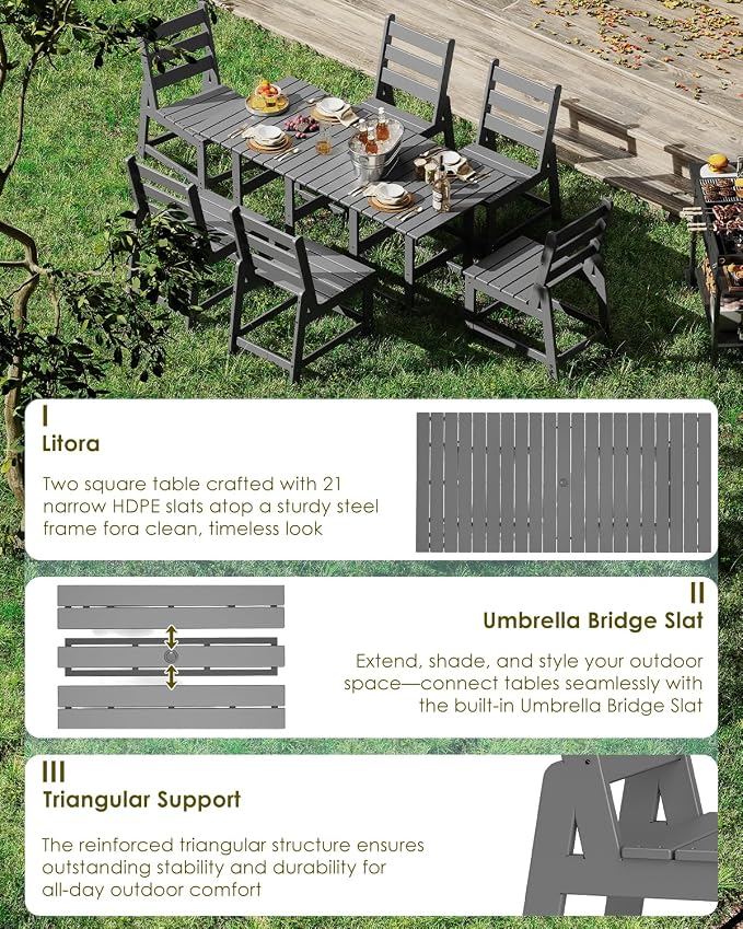 GREENVINES 7-Piece-Outdoor-Table-and-Chairs | HDPE | Patio Furniture | Dining Sets for 6 | Armless Chair | All Weather | Connectable Tables | for Backyard Poolside Garden | Grey