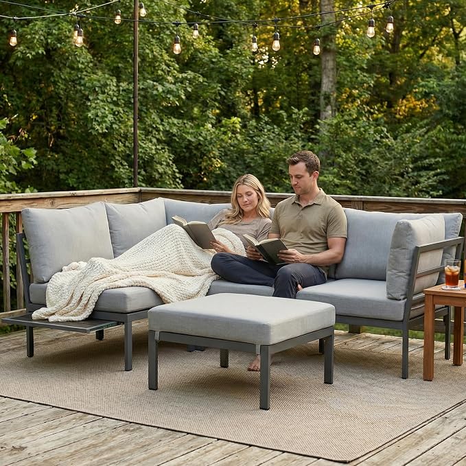 Patio Sectional Sofa Set for 4/5, All Weather Patio Furniture Set, Outdoor Patio Conversation Set with Cushions, Modular Patio Sofa Couch with Ottoman/Rolling Side Table for Fire Pit, Grey