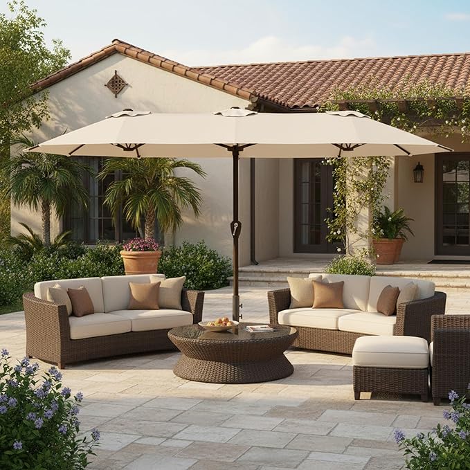 15FT Large Patio Umbrella with Base, Double Sided Rectangular Outdoor Umbrella with Sturdy Fiberglass Ribs, UPF 50+ Sun Protection, Wind-Resistant, Waterproof Fade-Resistant Fabric for Pool, Garden, Backyard, Deck(Creamy-white)