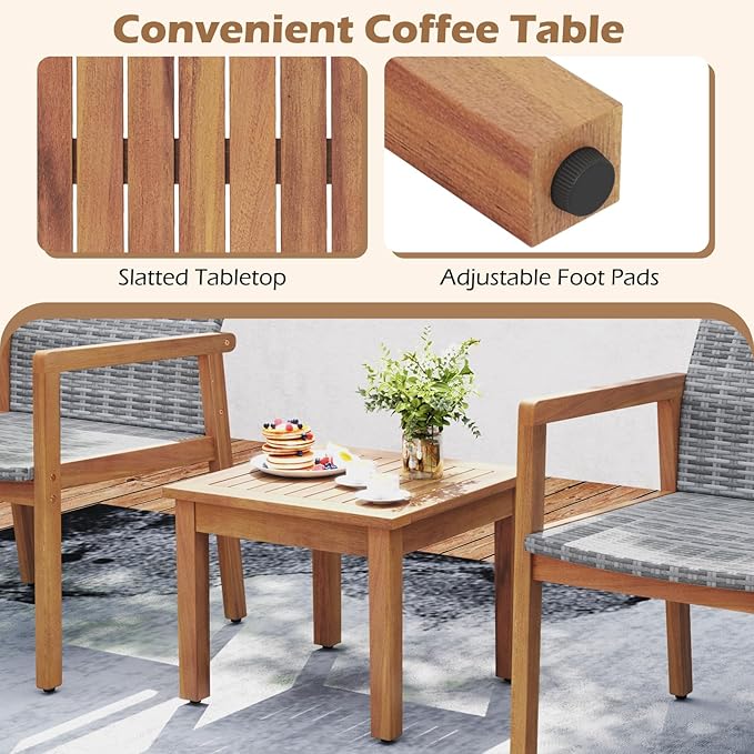 HAPPYGRILL 3 Pieces Patio Furniture Set, PE Rattan Patio Bistro Set with Chairs & Coffee Table, Outdoor Acacia Wood Conversation Set for Garden, Backyard, Poolside & Porch