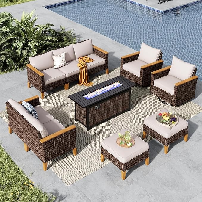 MFSTUDIO 9 Piece Swivel Glider Patio Furniture Sets with 56" Fire Pit Table, All-Weather PE Rattan Outdoor Sectional Sofas Oversized Wicker Patio Conversation Set with 50000 BTU Fire Pit, Beige