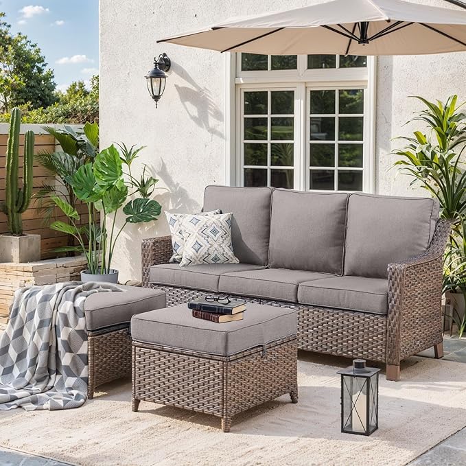 3 Pieces Patio Conversation Sets-All-Weather Wicker Sectional Couch with Ottomans for Deck Balcony Poolside Backyard-Brown/Grey