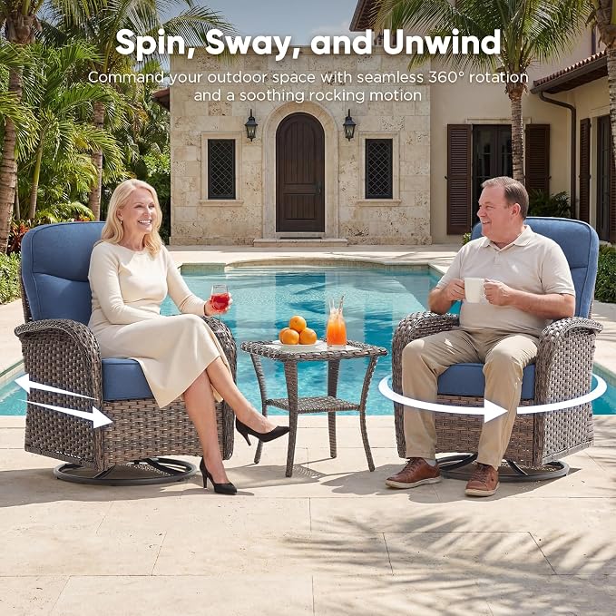 8-Piece Patio Furniture Set with Upgraded 6" Thick Cushion - High Back Outdoor Swivel Rocker Chairs with 3-Seater Sofa Set of 2,Ottomans,Wicker Outdoor Conversation Set for Deck, Porch, Yard, Poolside