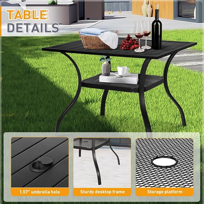 5 Piece Outdoor Patio Dining Set with Umbrella, Metal Patio Furniture Set Outdoor Square Slatted Dining Table with 9 FT Patio Umbrella, 4 Stackable Chairs for Backyard, Garden