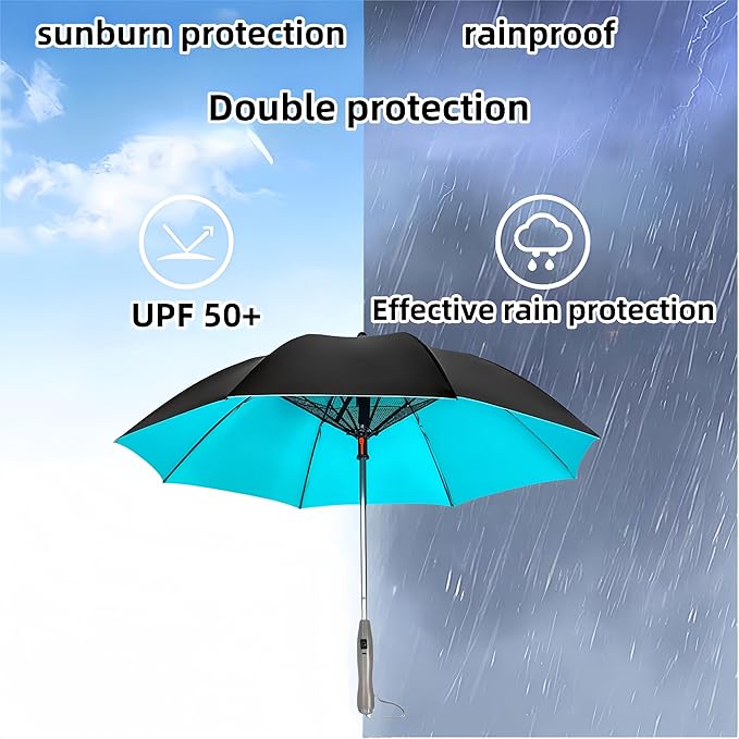 Umbrella with Fan & Mist Spray - Rechargeable UV Protective Cooling Umbrella for Patio, Beach, Travel | Portable Misting System & Detachable Water Bottle Included