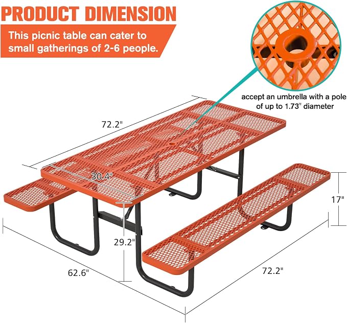 Picnic Tables for Outdoors with Umbrella Hole-Coated Steel Heavy Duty Commercial Grade Table with Seats,Commercial Metal Picnic Tables,Heavy Rectangular Furniture Set for a Lifetime (Orange)