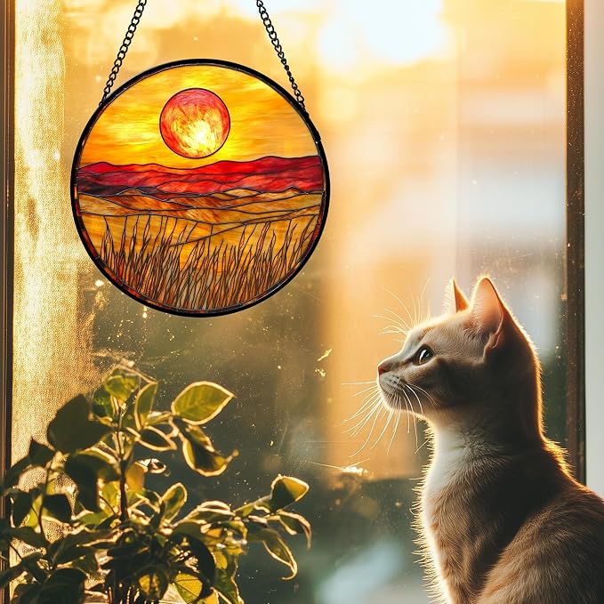 DASTOLL Stained Glass Window Hanging 4 Pcs Set Desert Sunset Theme Landscape 9.8" - Suncatcher Door Garden Sun Catcher Decor Birthday Christmas for Mom Woman Nana Men