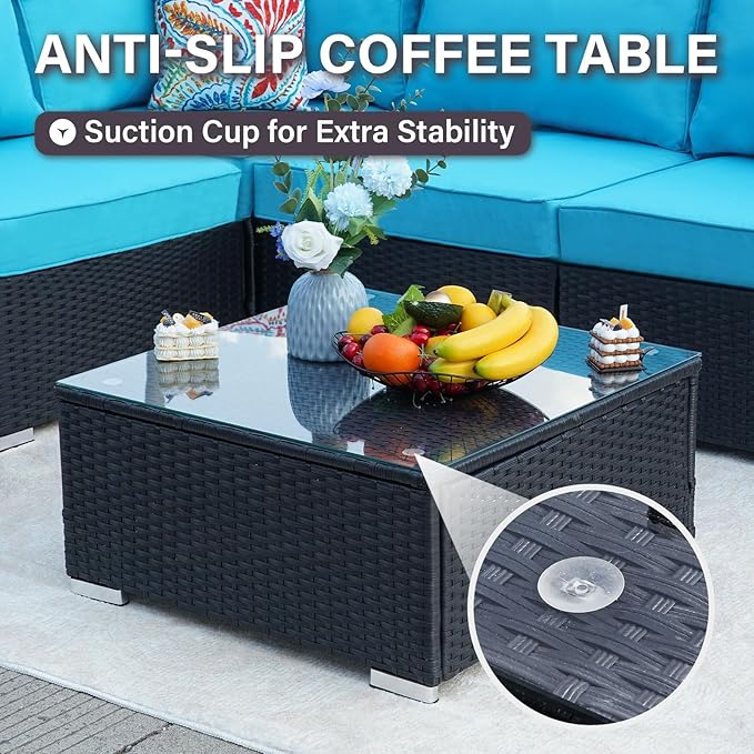 7-Piece Outdoor Patio Furniture Set – Handwoven All-Weather Rattan & 4” Thick Waterproof Cushions, Wicker Outdoor Conversation Sets with Coffee Table for Deck, Backyard, Garden, Black/Blue