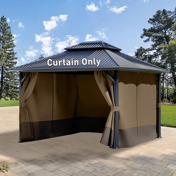 Aoodor 10x12 ft Outdoor Gazebo Curtains, 4 Panels Waterproof Privacy Sidewall Replacement with Zipper for Patio Pergola and Canopy, Light Coffee and Coffee