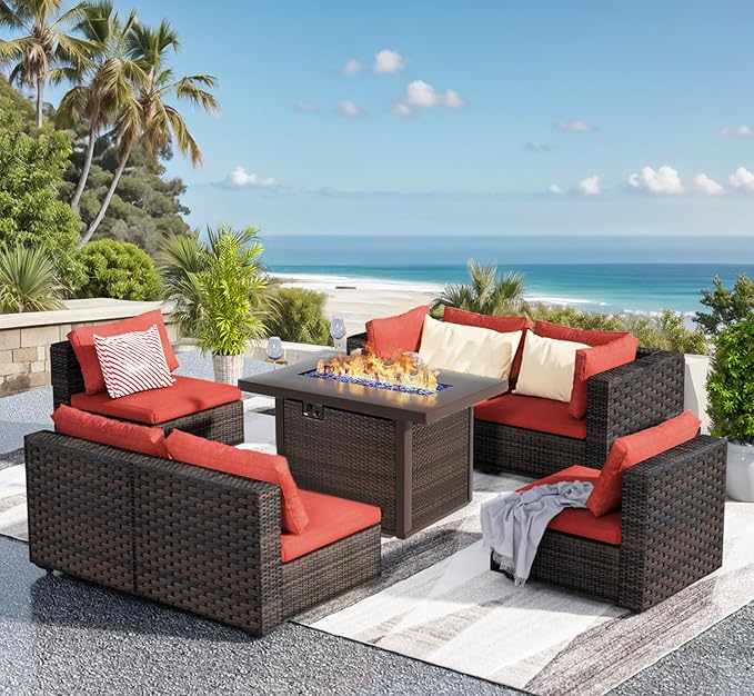 Grezone 7 Piece Patio Furniture Set with Fire Pit Table, Patio Sectional Furniture Sofa Set, Patio Conversation Sets with Cushions and Glass Coffee Table for Garden Lawn Balcony Porch Deck, Red