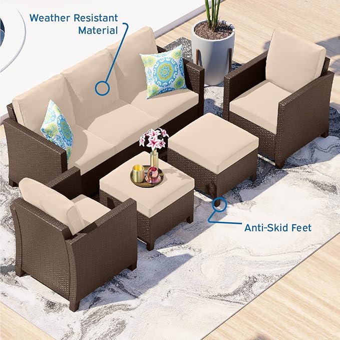Nestl Outdoor Patio Furniture Sofas, Brown Base/Beige Cushions