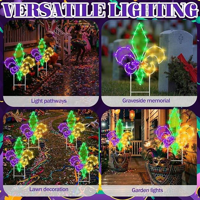 Retisee 3 Pack Mardi Gras Solar Outdoor Lights- Purple Green Gold Yard Stakes Lights, Fleur De Lis Metal Wire Decorative Solar Lamps,for Patio Lawn Yard Pathway Party Outdoor Decor, 6–8 Hour Runtime
