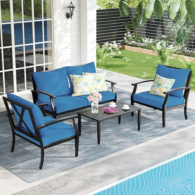 4 Piece Outdoor Patio Furniture Set, Oversized Metal Conversation Set with High Back & Deep Seating, Water-Repellent Cushions, Coffee Table for Porch, Deck, Backyard, Peacock