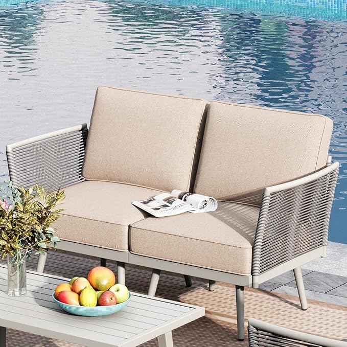 Sophia & William 2-Seat Patio Furniture Sectional Wicker Loveseat, Outdoor Love-seat with Classic Rope PE Rattan, All-Weather Sofa with Anti-Rust Frame and Olefin Cushions