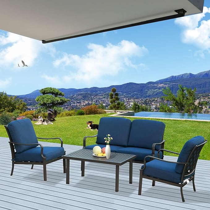 Domi Patio Conversation Set 4 Pieces, Metal Outdoor Patio Furniture with Coffee Table, All-Weather Modern Deep Seating Sofa Set with Cushions (Spring Coil Seat Cushion) -Blue
