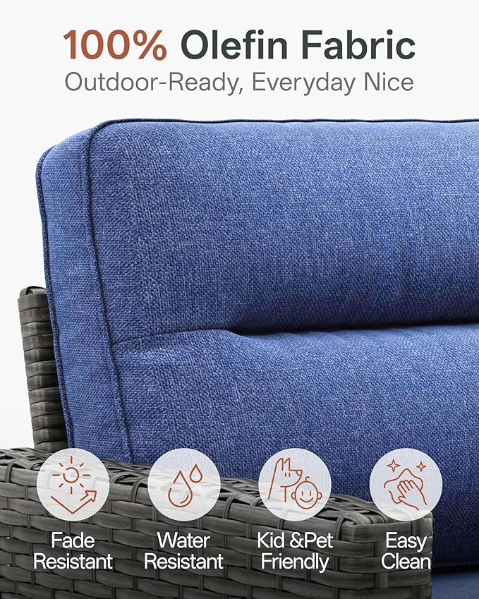 Luxury 8-Piece Patio Furniture Set with 6-Inch Thick Cushions, Outdoor Couch and Swivel Rocker Chairs, Wicker Conversation Set for Porch, Deck, Yard, Pool in Blue