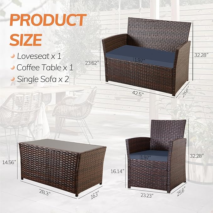 4 Piece Patio Furniture Set, Outdoor Wicker Conversation Set, Rattan Sectional Sofa Couch with Glass Coffee Table & Thick Cushion for Backyard, Porch, Garden, Poolside, Brown/Blue