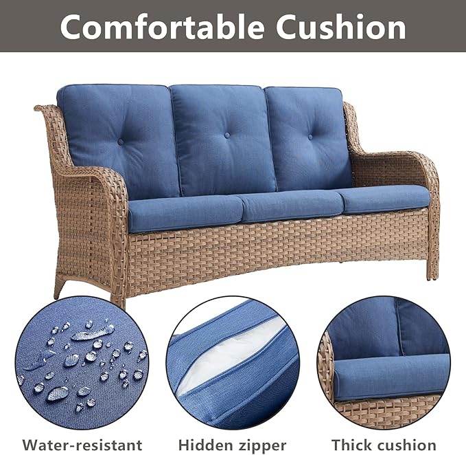 Rilyson Outdoor Couch Wicker Patio Sofa - 3 Seat Rattan Sofa with Deep Seating and Comfortable Cushions for Porch Deck Balcony Garden(Yellow/Blue)