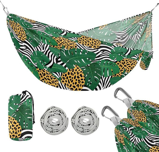 Camping Hammock Outdoor Hammocks for Outside Leopard Tropical Leaf Beach Trees Portable Lightweight with Pockets Tree Straps Indoor Small